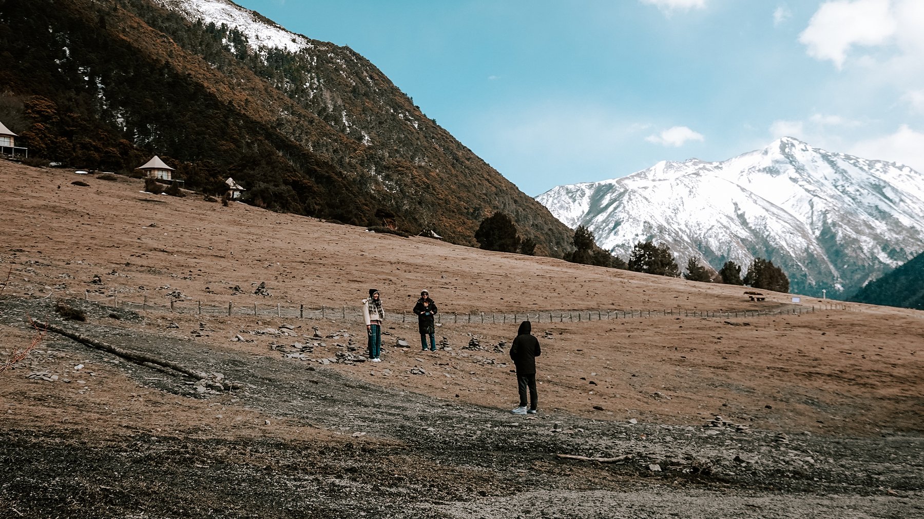 几位行走者穿过草地，前方是积雪覆盖的山峰。